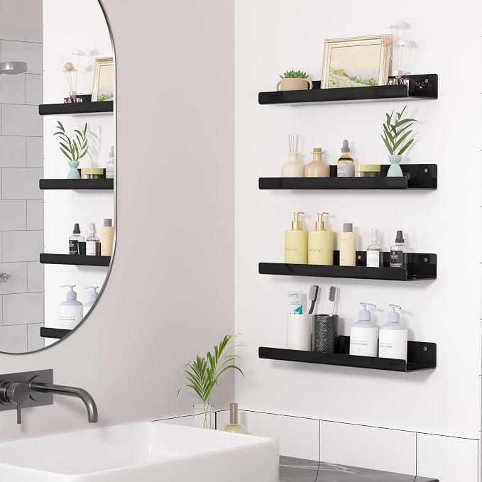 upsimples 4 Pcs 15" Acrylic Shelves for Wall Organize and Display, Black | Cute Floating Shelf for Perfume, Skincare, Nail Polish, Wall Organizer for Bedroom, Living Room, Playroom, Room Décor