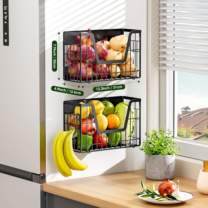 2 Set Magnetic Shelf for Fridge, Potato & Onion Storage Bins, Magnetic Fruit Basket for Refrigerator Pantry Kitchen Counter Laundry Organizer, Fridge Magnetic Spice Rack Magnet Fridge Storage