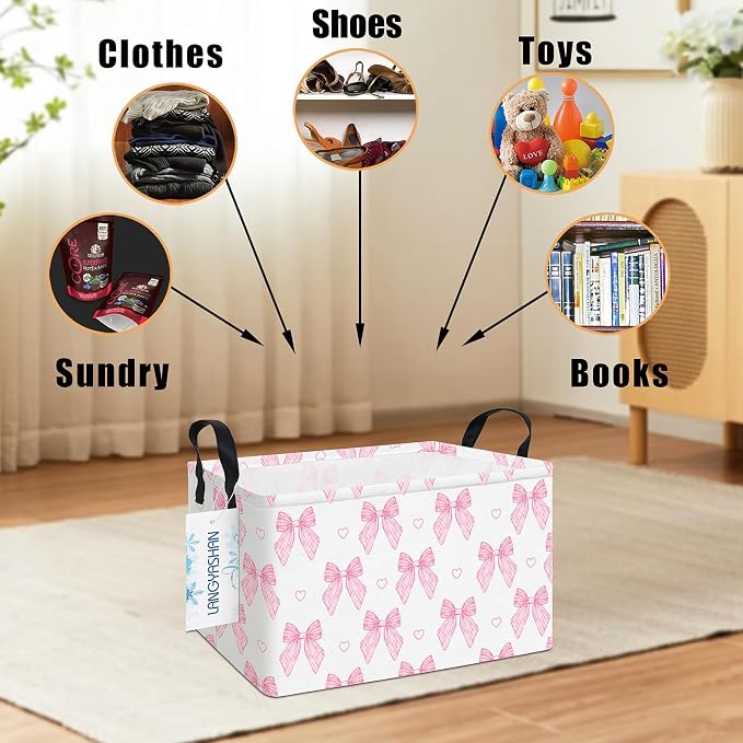 Rectangular Collapsible Pink Bowknot Storage Basket Organizer | Storage Bin Foldable Canvas with Handles for Organizing Home Kitchen Children Toys Office Closet Shelf Baskets