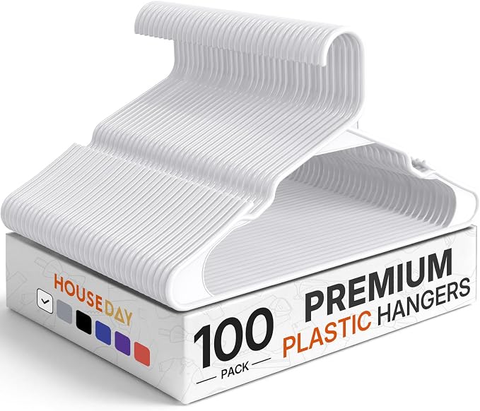 HOUSE DAY Plastic Hangers 100 Pack - Adult Clothes Hangers White - Space Saving, Non-Slip, Durable & Sturdy Hanger with Shoulder Grooves for Closet, Perfect Slim Coat Hanger - Ganchos para Colgar Ropa