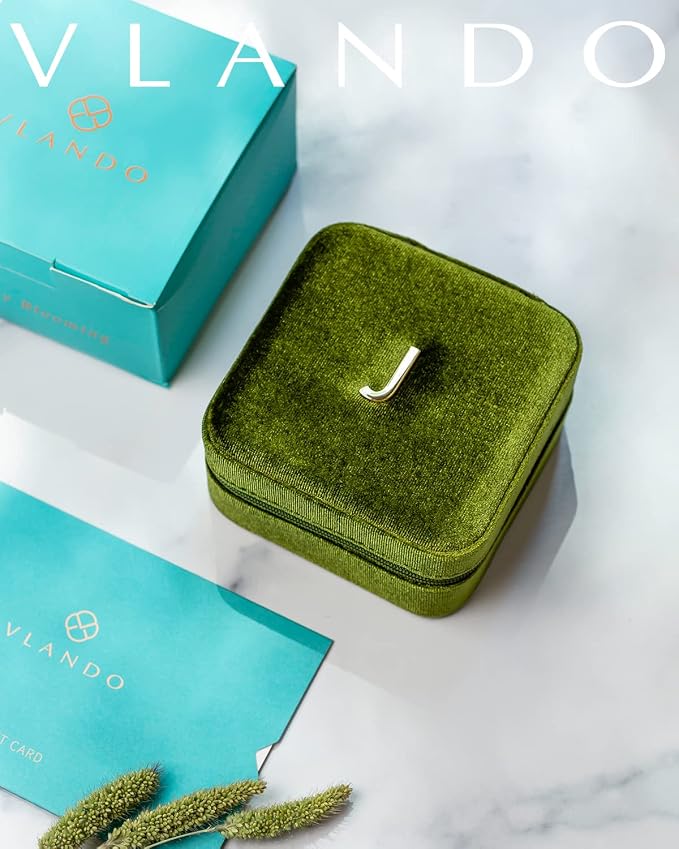 VLANDO Plush Velvet Travel Jewelry Case, Personalized Initial Jewelry Boxes for Women Girls, Mini Jewelry Travel Organizer Travel Essentials for Birthday Gifts - Letter J, Green