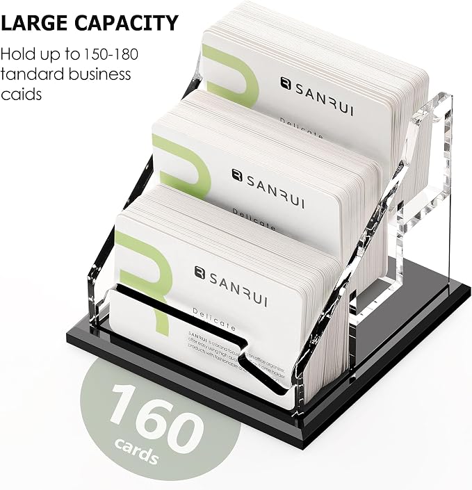 SANRUI Black Business Card Holder for Desk 3 Slot , Clear Acrylic Horizontal Name Card Stand for Women and Men, Desktop Organizer Display for Office Home Exhibition - 180 Card Capacity 1 Pack