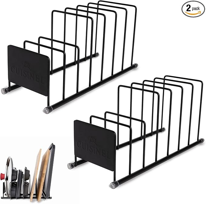 Cuisinel Lid and Dish Organizer Rack - 2-Pack Matte Black Kitchen Storage Organization Stand - Plate Holder, Pan/Pots Covers, Cutting Board and Cookie Sheet Divider - 7-Tier Cabinet/Counter Display