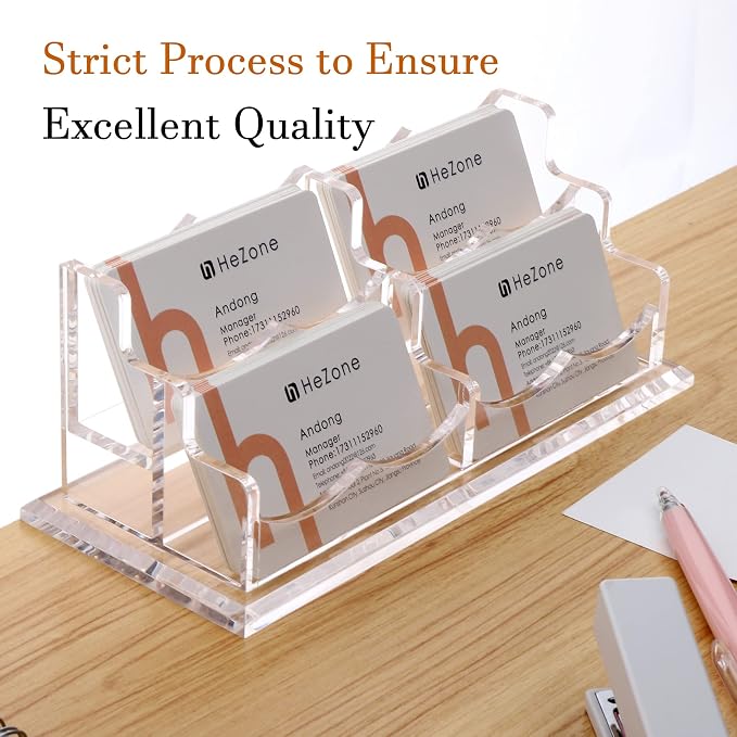 HeZone Business Card Holder Display for Desk, Cards Organizer Case for Women and Men 4 Slot 2 Tier, Clear Acrylic Business Card Stand Rack with 1 Pack (4 Grid-H)