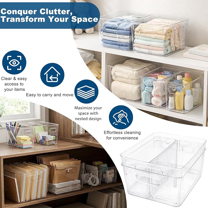 MOONEDGE Clear Plastic Storage Organizer Bins for Home Organization | Clear Bins for Organizing, Pantry Organizers and Storage, Kitchen, Fridge, Bathroom, Cabinet, Closet, Under-Sink, Laundry