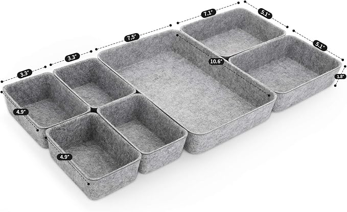 Welaxy Office drawer organizers trays felt storage bin organize dividers Box Dorm Home for stationery craft junk sorting 7-piece sleek minimalist lifestyle (gray)