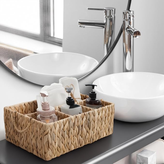 KOKODO Divided Storage Basket Woven Natural Basket Hyacinth for Organizing Bathroom Kitchen Shelves Office Supplies Organization Everyday Wicker Storage Baskets 4 Section Rectangular Tray