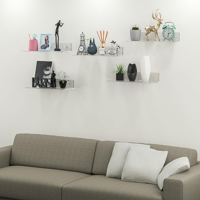 15 Inches Clear Acrylic Shelves, Wall Mounted Shelves for Bedroom, Wall Display Shelves for Collectibles, Funko Pop, Speaker, Plants, Space Saver, Wide Application, 4 Pack