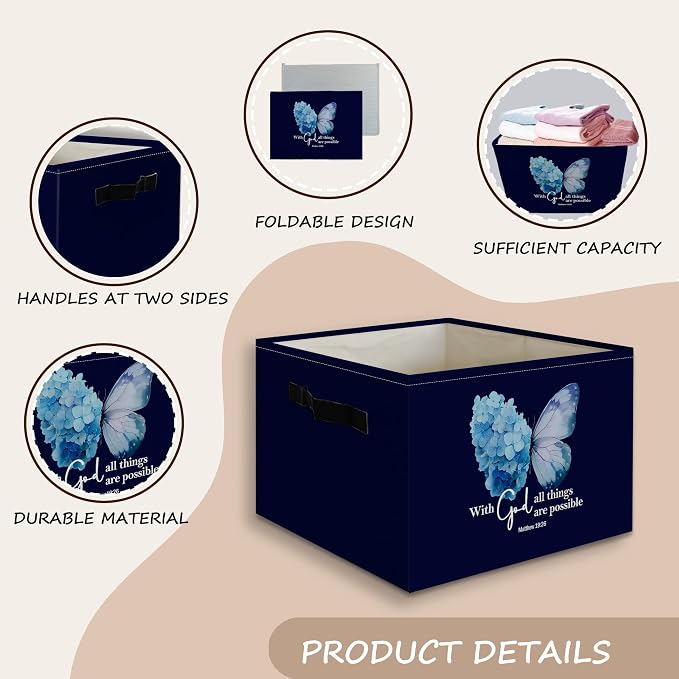 Navy Blue Christian Butterfly Foldable Storage Bins Box with Handles, With God All Things Are Possible Bible Verse Collapsible Organizer Basket for Bedroom Bathroom Clothes Toys Books