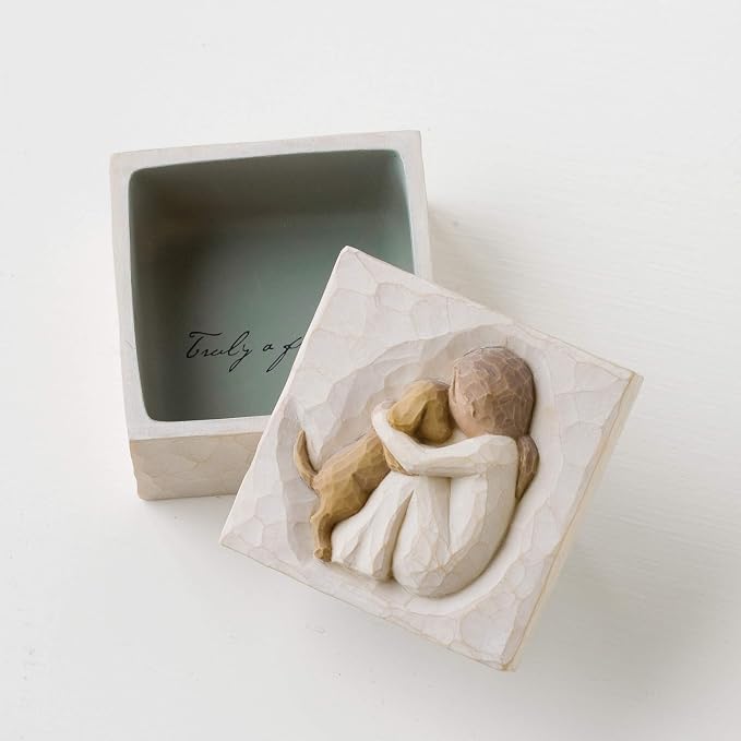 Willow Tree True, Truly a Friend, Box for Jewelry and Treasures with Bas-Relief Carving of Girl with Puppy Dog, Sculpted Hand-Painted Keepsake Box