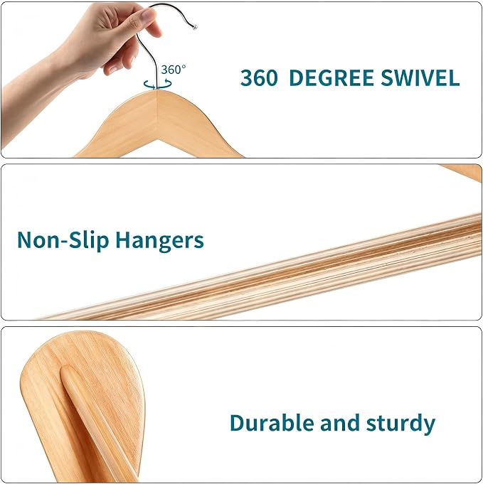 ABHENG Solid Wood Suit Hangers, 6 Pack, Coat Hangers with Non Slip Trouser Bar, 360° Swivel Hook, Heavy Duty Wide Hangers for Suit, Coat, Jacket, Trousers, Pants,17.3" W x 9" H, Natura AWY0406N