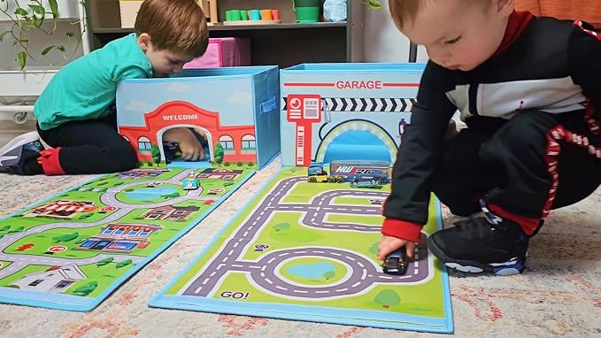 SAM AND MABEL Toy Cars Garage Box – Toy Storage Box with Car Rug Play Mat, Collapsible Storage Organizer for Boys and Girls (GoPlaces)