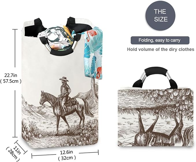 Ink Sketch Of Cowboy Riding Through Desert Large Laundry Hamper Basket, Collapsible Laundry Bag Storage Bins Baskets with Handles for Laundry, Bedroom, Home Decor