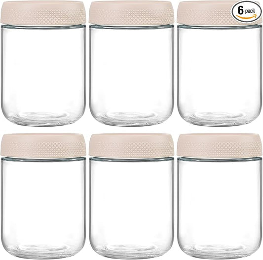 NETANY 6-pack 16oz Glass jars with Airtight Lids, Overnight Oats Containers with Lids, Wide mouth Mason Salad jars, Glass Food Storage Containers for Snacks Yogurt Spice Sugar-Beige
