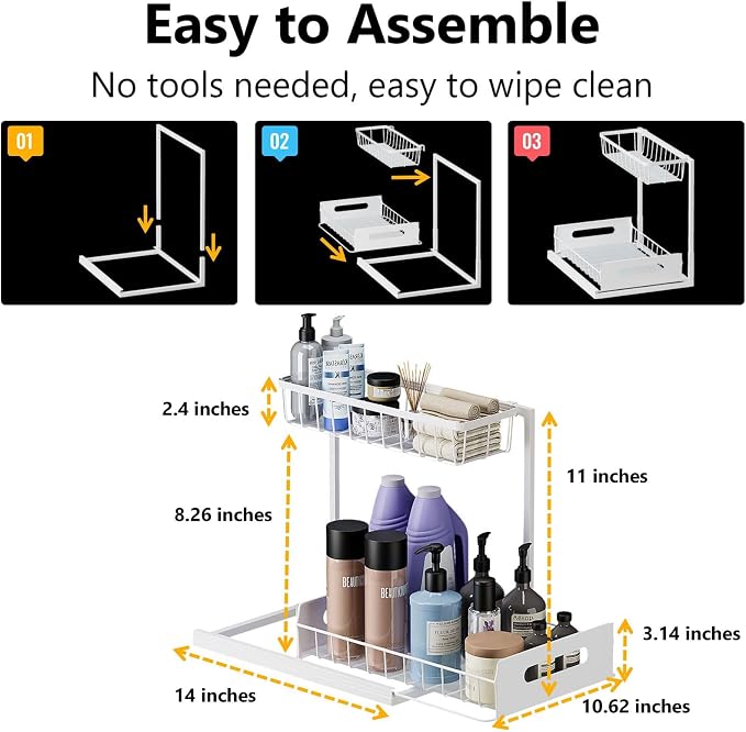 Ceetug Slide Out Under Sink Organizers and Storage, White, 2 Pack | 2 Tier, Sturdy Metal, Cabinet Organizer, for Kitchen Bathroom