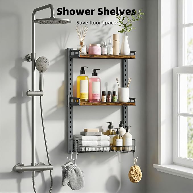 Kalrin 3 Tier Bathroom Shelves Over Toilet - Wall Mounted Floating Shelves with Drain Basket, Toilet Paper Storage, Height Adjustable Over The Toilet Storage, Vintage Brown
