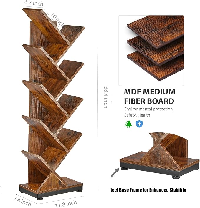 ruboka 9-Tier Tree Bookshelf Storage Organizer Display Rack | Floor standing Bookcase, sturdy wood, space-saving. Ideal Book Shelf for living room, bedroom, office. Holds magazines, CDs.