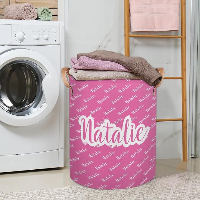Personalized Laundry Basket, Custom Gift Laundry Hamper, Collapsible Nursery Waterproof Laundry Baskets, Dirty Clothes Toy Hamper with Handles Pink Name
