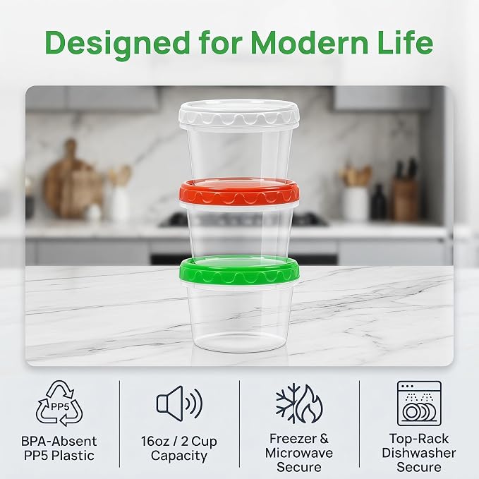 EONJOE 16oz Plastic Freezer Food Soup Containers with Lids, 2 Cup, 12pcs | Airtight & BPA-free for fresh food. Dishwasher/freezer safe, perfect for soup meal prep, portion control,snacks on-the-go