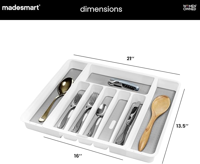 madesmart Silverware White Expandable Tray Classic Collection | 8-Compartments | Icons to Help sort Flatware, Cutlery, Utensils | Soft-Grip Lining | BPA-Free