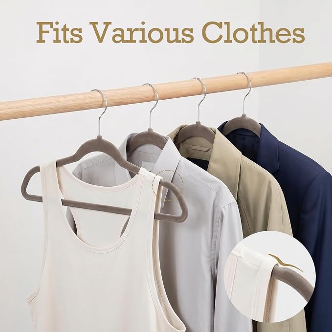 HOUSE DAY Taupe Velvet Hangers 60 Pack, Non Slip Clothes Felt Hanger Heavy Duty for Coat, Premium Slim Space Saving Suit Hangers for Closet Organizer, 360° Rotating Silver Hook