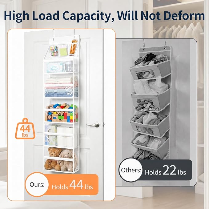 Yecaye 6 Tier Clear Over the Door Organizer, 5 Large PVC Pockets Door Hanger Organizer, 44lbs Capacity Closet Storage for Clothes Stuffed Animals and Cosmetics, Bathroom Bedroom Nursery Dorm RV, White