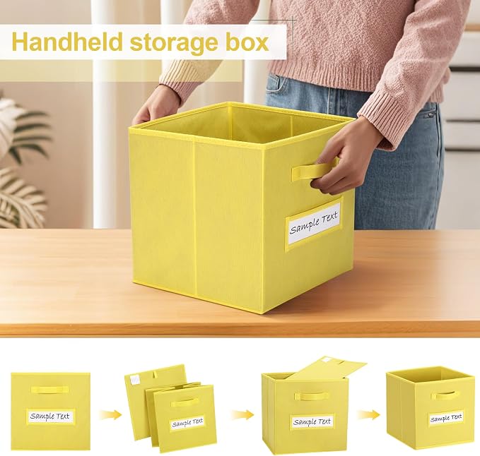 13x13 storage cube bins (Set of 10) Foldable Fabric storage cubes with 10 Labels Window Cards & a Pen,13 inch cube storage bins,Closet Organizers for Shelves,Cubby Organizer Boxes,Dark Yellow