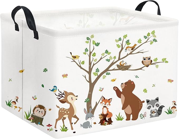 Rectangular Kids Storage Basket Baby Storage Basket with Handles for Home Kitchen Boys and Girls Cute Toy Storage Bin Organizer Shelf Book Room Decor(Tree Animal)