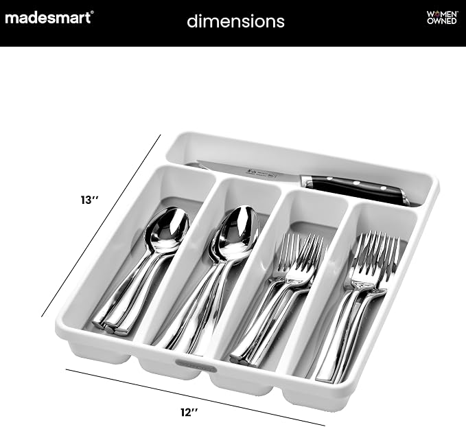madesmart Classic Small Silverware Tray - White | CLASSIC COLLECTION | 5-Compartments | Icons help sort Flatware, Utensils and Cutlery | Soft-grip Lining and Non-slip Feet | BPA-Free