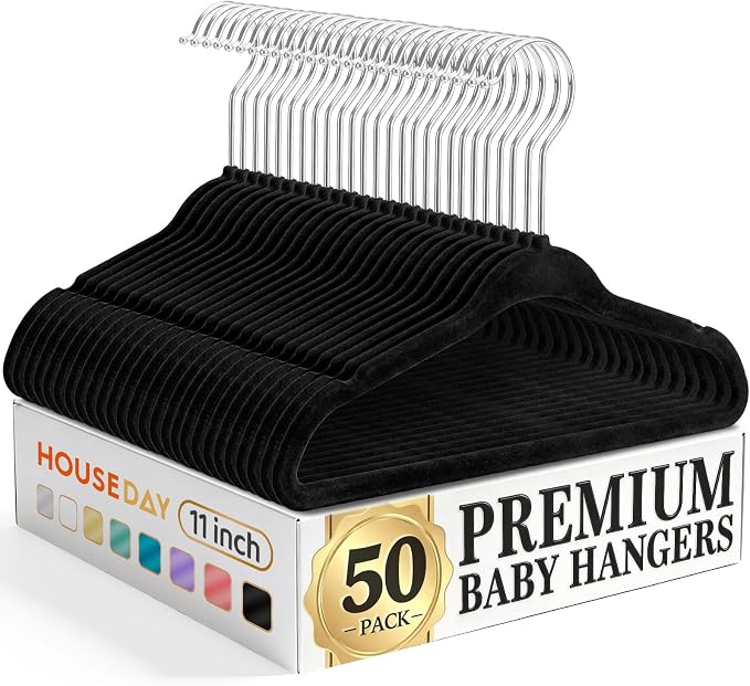 HOUSE DAY 11 Inch Velvet Baby Hangers 50 Pack Black, Premium Kids Hangers for Children/Infant/Toddler Clothes, Durable Non Slip Small Baby Felt Hanger for Closet, Ideal for Everyday Use