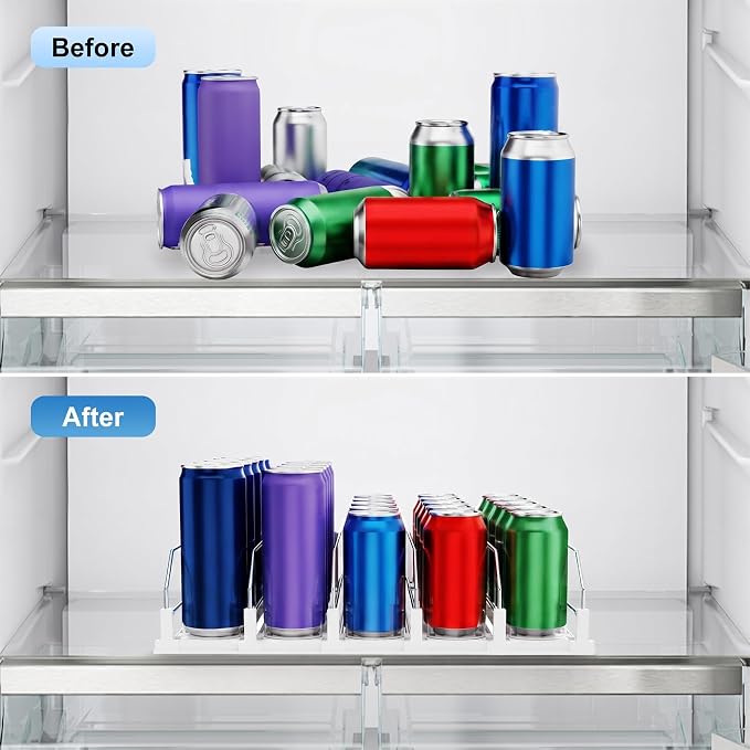 Dayacoco Drink Organizer for Fridge,5 Rows Fridge Soda Can Organizer,20oz 16oz 12oz-Self Pushing Soda Dispenser for Fridge,Adjustable Width-Holds up to 25 Cans,White