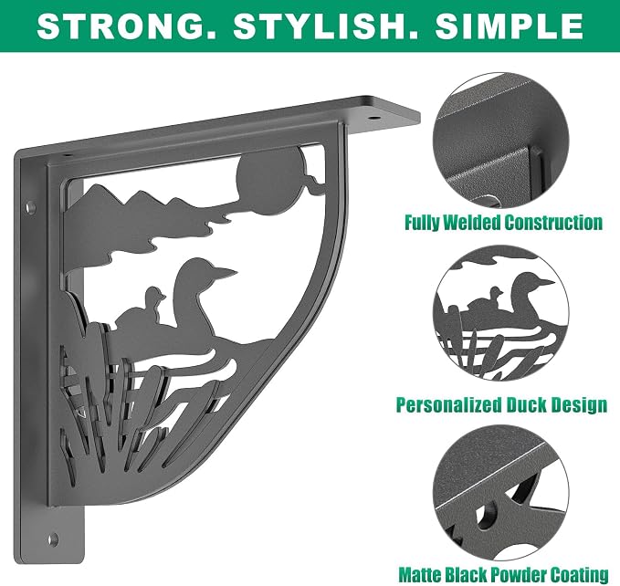 SELEWARE Black Heavy Duty Shelf Brackets, L 8" x H 8" x W 2" Wall Mount Decorative Shelving Brackets, 1/5" Thick Metal L Brackets with Mounting Hardware for DIY Floating Shelf (Duck, 2 Pack)