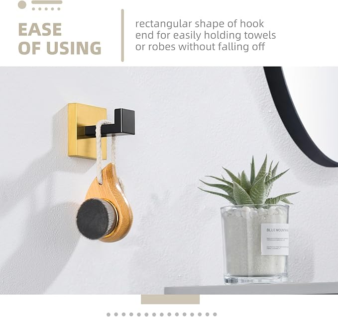 Angle Simple Towel Hook Black & Gold, 304 Stainless Steel Square Robe Bathroom Hook for Wall