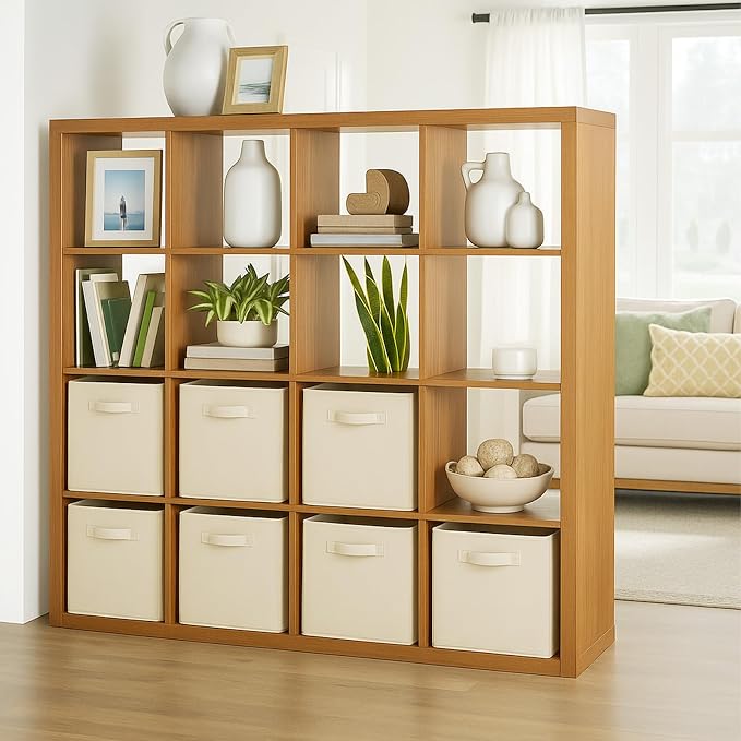 PowerKing Collapsible Storage Cubes with Handles, Fabric Foldable Bins for Closet Shelves, Durable Organization Storage Bins, 10.5'' x 11'' x 10.5'', 6 Pack, Cream