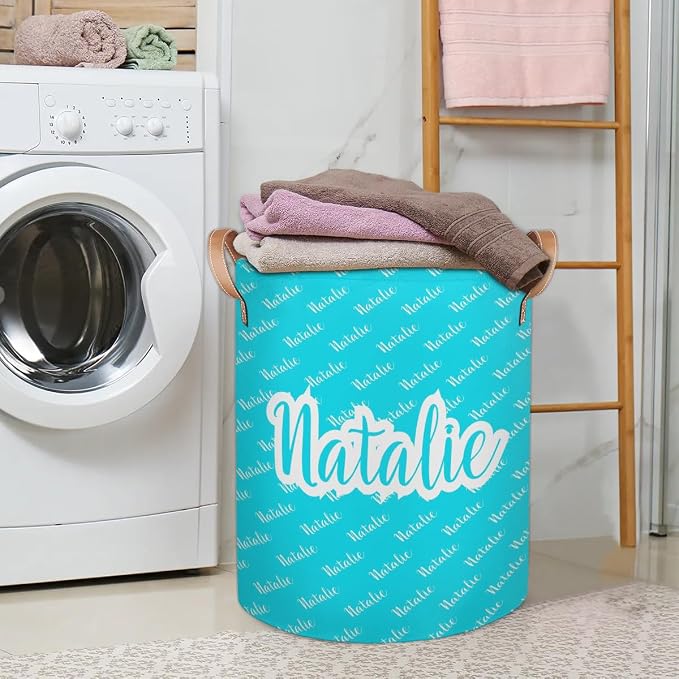 Personalized Laundry Basket, Custom Gift Laundry Hamper, Collapsible Nursery Waterproof Laundry Baskets, Dirty Clothes Toy Hamper with Handles Name Light Blue