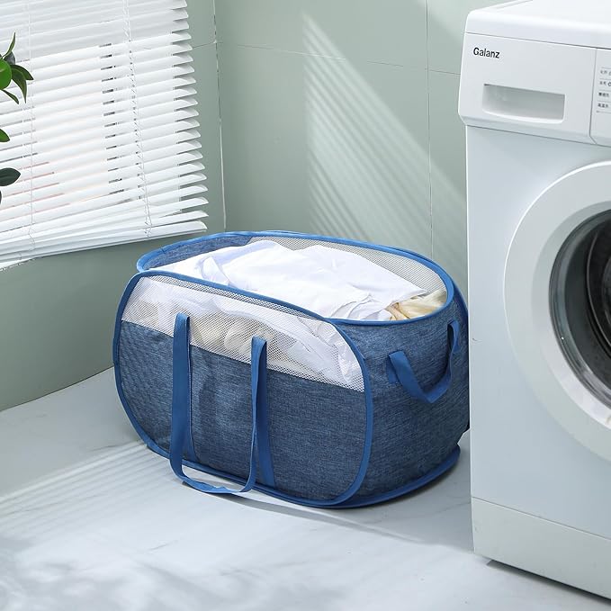 MOOMASS Pop-Up Laundry Basket，collapsible Mesh Laundry Hamper– With Extended Shoulder Straps, Sturdy Handles, and Premium Cationic Fabric (blue)…