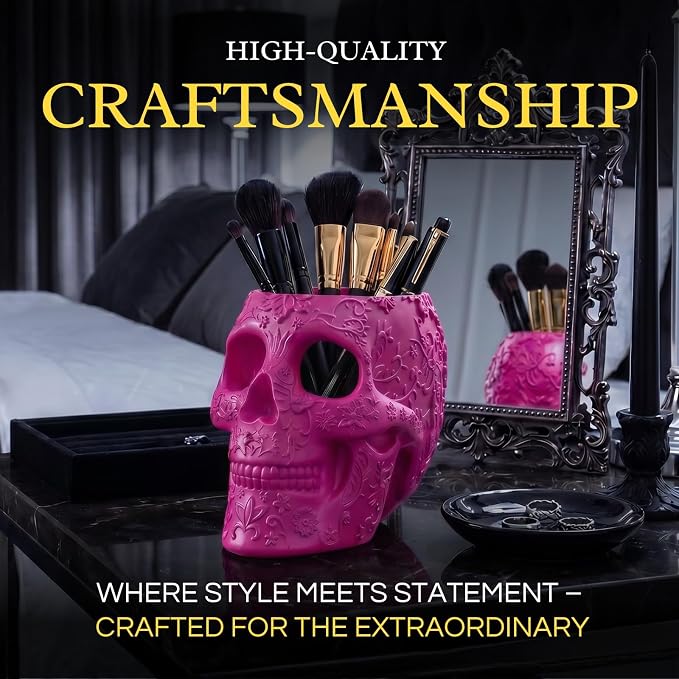 Skull Makeup Brush Holder, Pen Holder, Vanity, Desk, Office Organizer, Stationary, Decor Planter, Candy Bowl, Goth Decorations, Extra Large, Skulls Gothic Skull & Bones Organizer Bathroom (Pink)