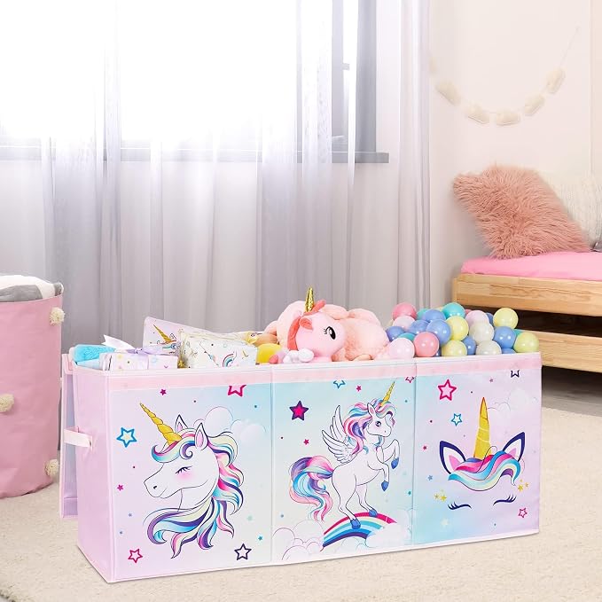 WERNNSAI Extra Large Toy Chest - Unicorn Toy Box Chest Organizer with Flip-Top Lid Collapsible Sturdy Storage Bin with Handles 38 x 13 x 16 Inch for Kids Girls Pink Closet Nursery Living Room Bedroom