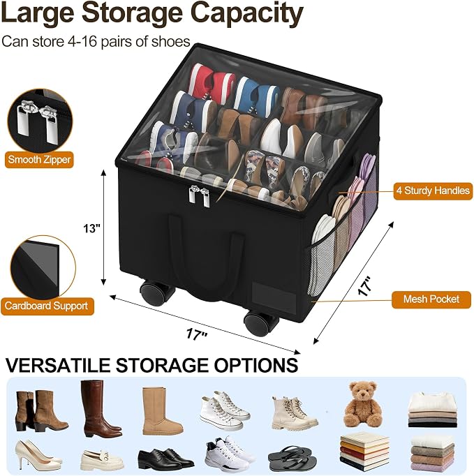 Large Shoe Organizer for Closet, 16 Pairs Shoe Storage Box with 360° Wheels & Reinforced Handles, Adjustable Dividers, Clear Cover, Side Pocket, Foldable Oxford Fabric Bin for Entryway, Black