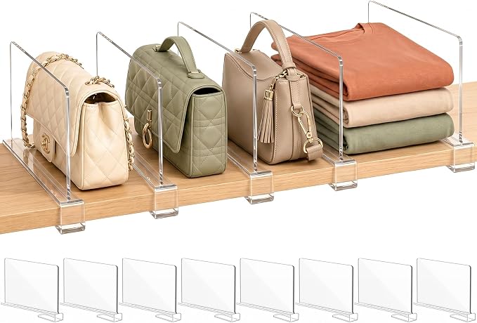 SortNStore Shelf Dividers Purse Organizer for Closet: 6-inch Tall(Shorter Version) Acrylic Handbag Organizer - Small Space Separator for Clutches Evening Bags Pouches Mini-Bags on Wood Shelves 8-Pack