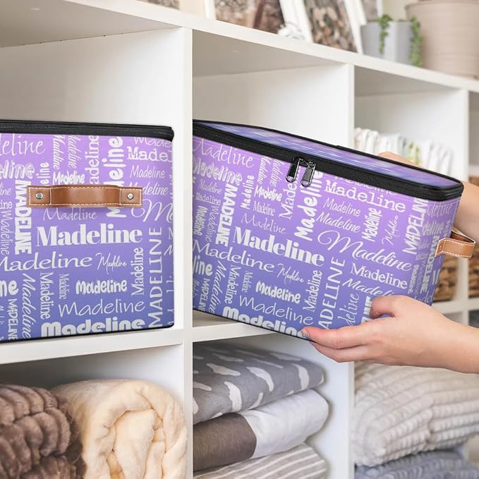 Custom Storage Basket with Name, Personalized Keepsake Box with Zipper Lid, Foldable Fabric Memory Bin Large capacity with Handle Purple
