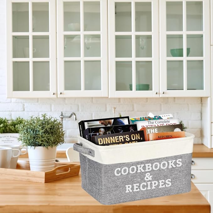 Lukeline Cookbook and Recipe Storage Basket for Organizing, 15.5 x 11.6 x 9.4 Large Storage Basket for Book, Recipe Books, Cookbooks Organizer Bin, Decorative Baskets for Kitchen Counter and Pantry
