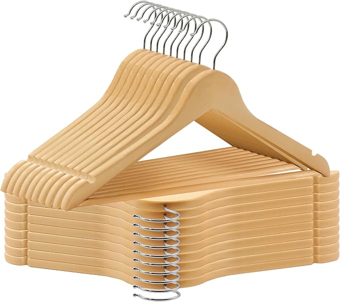 ABHENG 20 Pack Wooden Coat Hangers, 360° Swivel Hook, Suit Hangers with Anti-Slip Notches, Clothes Hangers for Jackets, Shirts, Dress, Natural UAWY0520N
