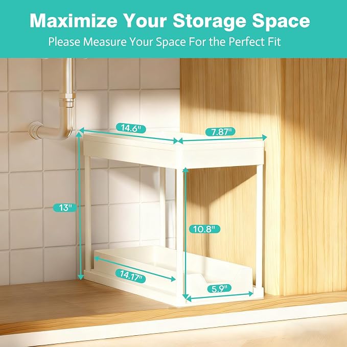 Under Sink Organizers and Storage 2 Pack, Pull-Out Sliding Cabinet Organizer with 2-Tier Storage Shelf & 4 Hooks, Multi-Purpose for Kitchen & Bathroom (13 Inch, White)