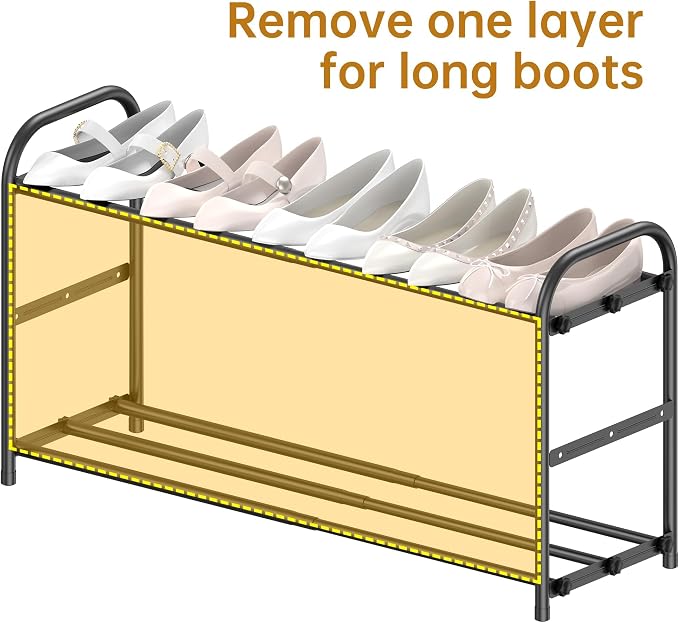 Hleelomi 3-Tier Expandable Shoe Rack for Entryway，Adjustable Metal Shoe Organizer for Closet,Living Room,Dorm,Black