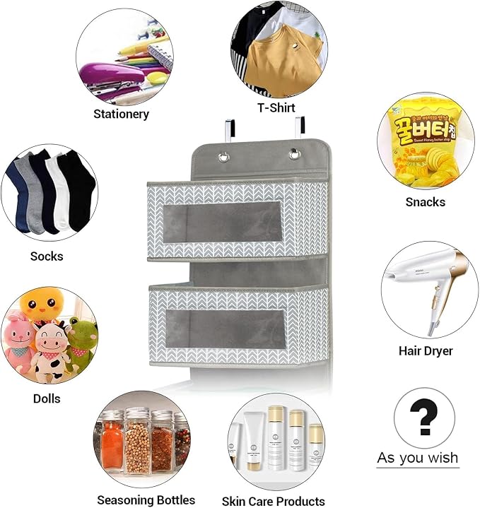 Over the Door Hanging Organizer with 5 Large Pockets - Wall Mount Pantry Storage with Clear PVC Window & 2 Big Metal Hooks for Closet,Bathroom,Nursery,Bedroom,Dorm,Baby Diapers,Kids Toys (Gray)