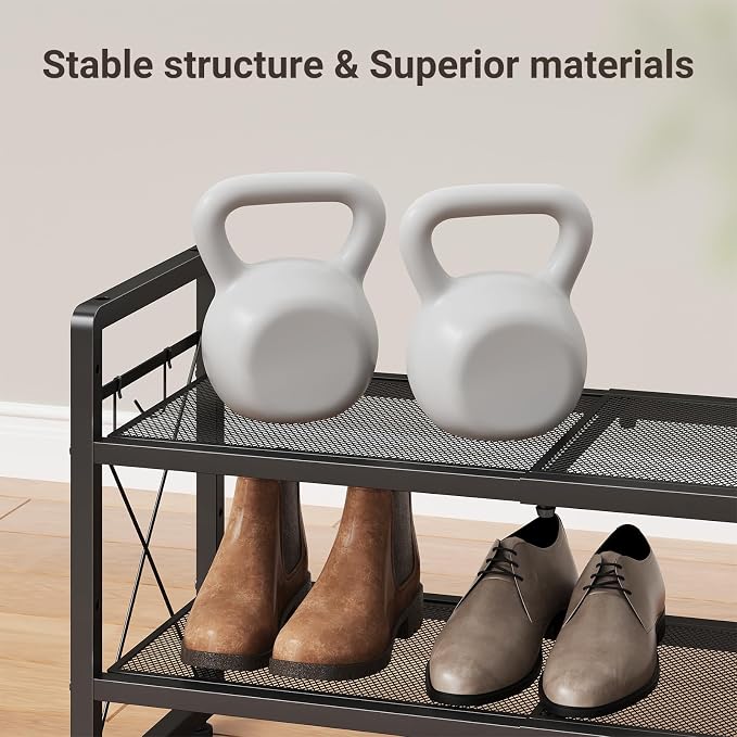 ELYKEN Shoe Rack, 2-Tier Expandable Shoe Organizer for Closet, Metal Black Shoe Shelf with 4 Hooks, Adjustable Shoe Stand Holder for Entryway, Garage, Door Entrance