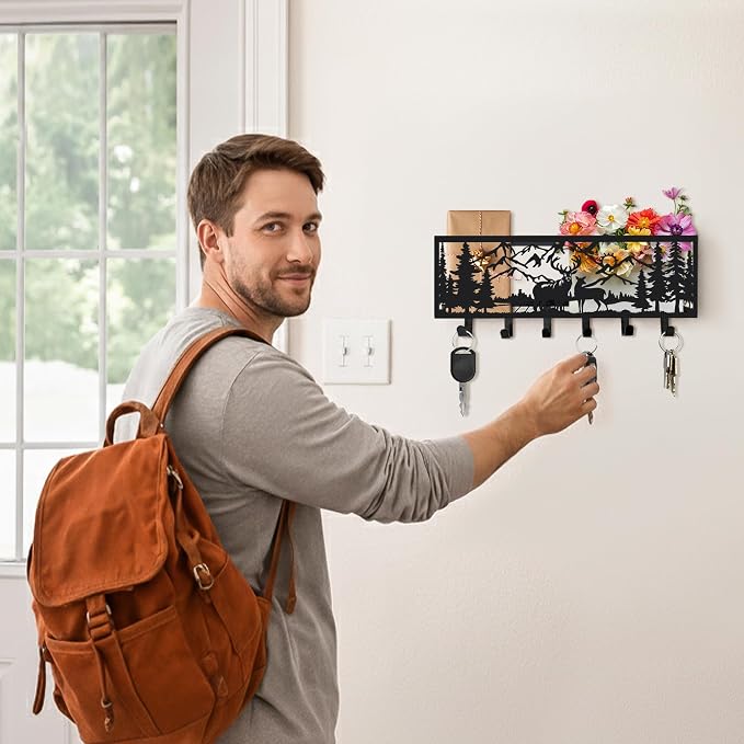 Deer Metal Wall Mail Organizer Wall Mounted Key and Mail Holder Mail Basket Hanging Mail Sorter and Key Organizer for Entryway Bedroom Bathroom Kitchen