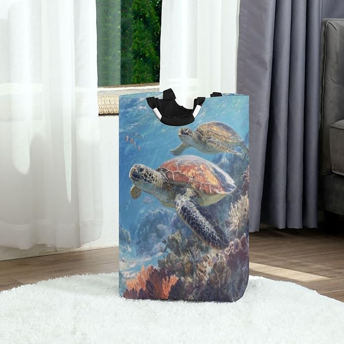 Sea Turtles Swimming in Vibrant Coral Reef Large Laundry Hamper Basket, Collapsible Laundry Bag Storage Bins Baskets with Handles for Laundry, Bedroom, Home Decor