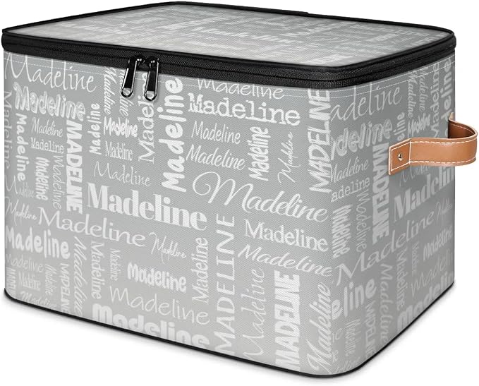 Custom Storage Basket with Name, Personalized Keepsake Box with Zipper Lid, Foldable Fabric Memory Bin Large capacity with Handle Grey
